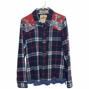 Hollister Distressed Patchwork Plaid Flannel Top M